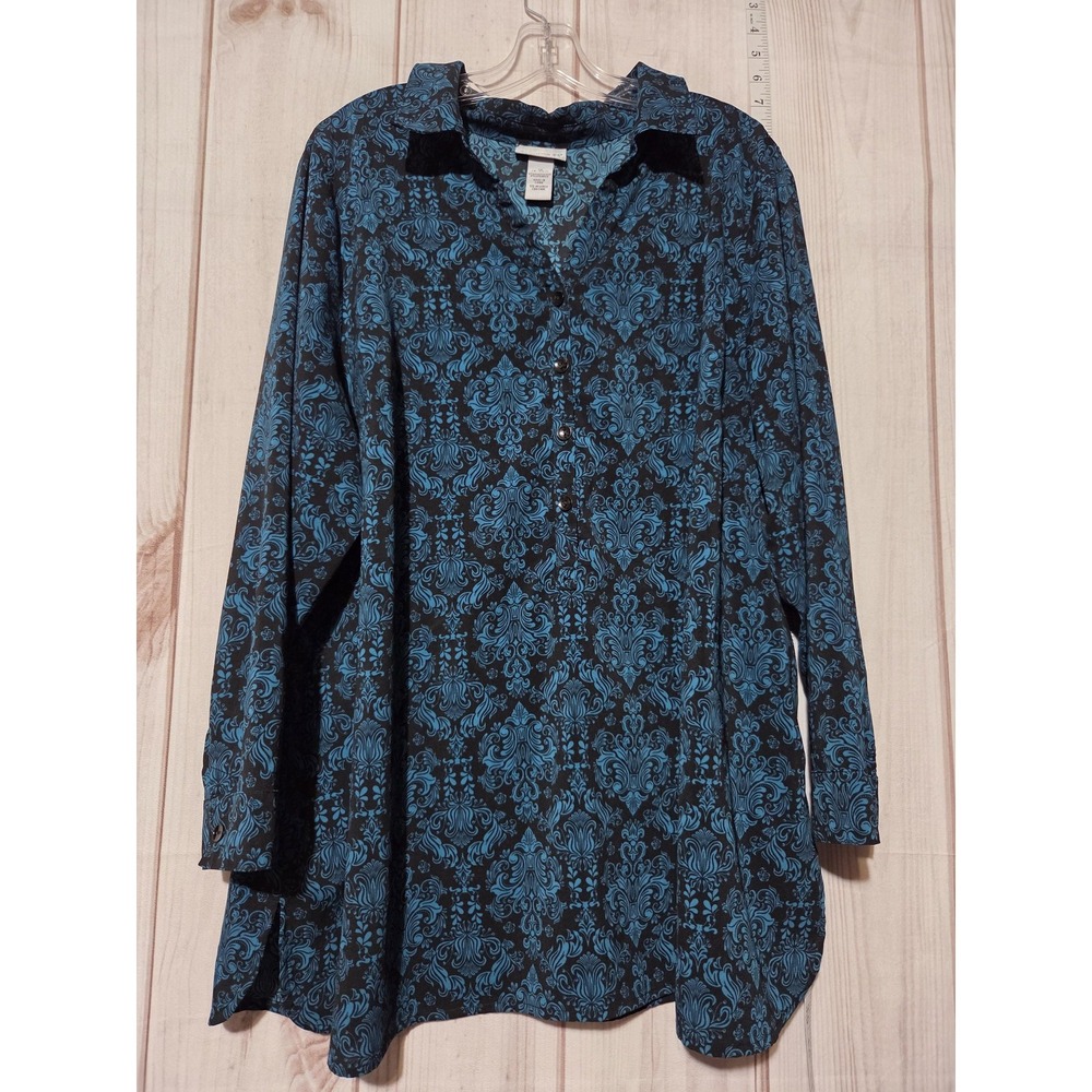 Catherines‎ Shirt Womens 1X 18/20W Black Blue Damask Button Front Long Sleeve